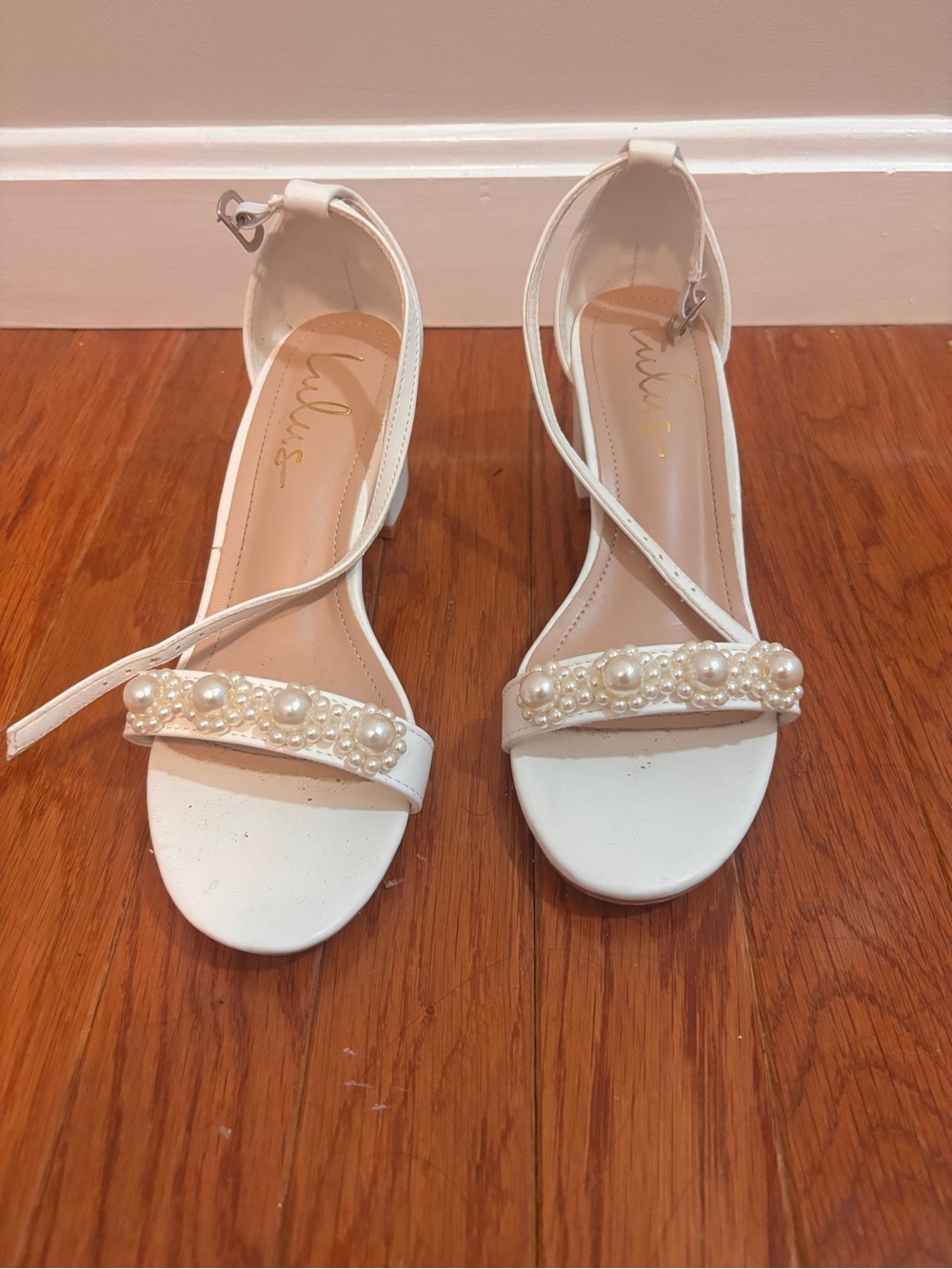 Lulu’s White Pearl-Embellished Heels